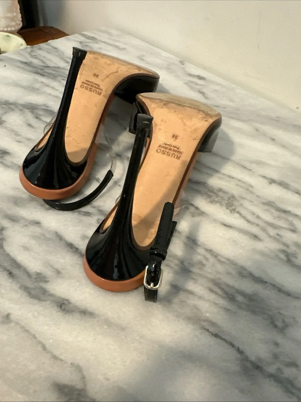 Francesco Russo Black Patent Pointed-Toe Slingback Heels Sz 38 Italy
